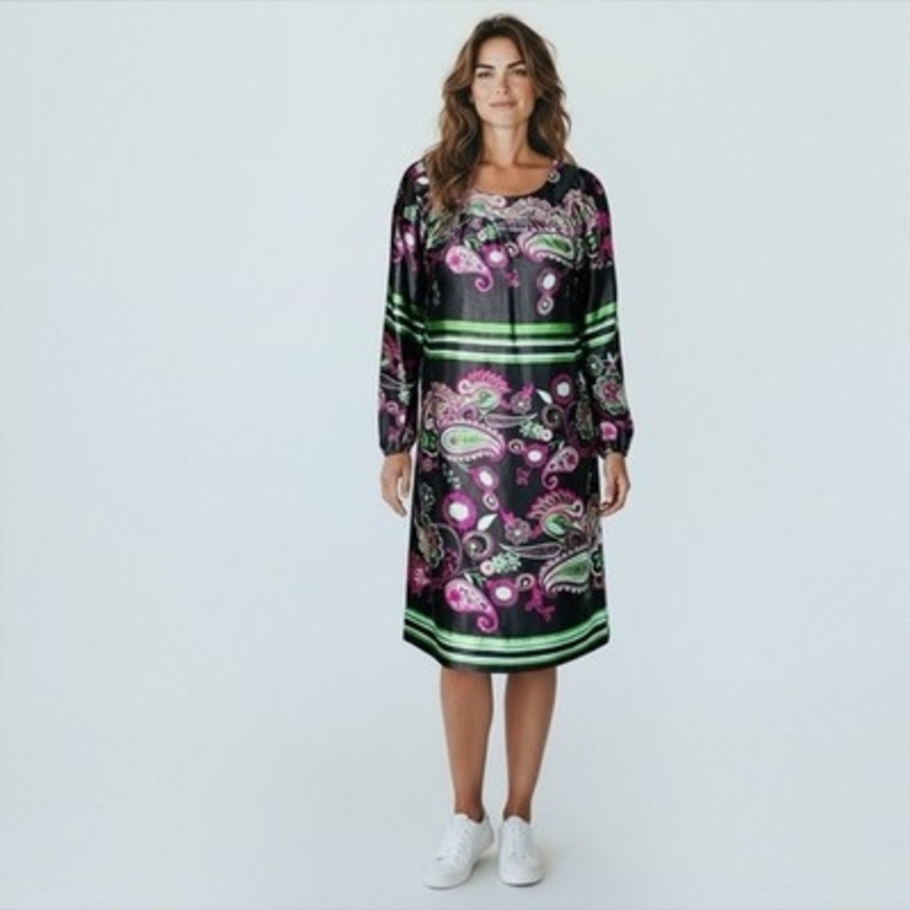 Vero Moda Black Pink Green Paisley Print Long Sleeve Shift Dress Size S VG